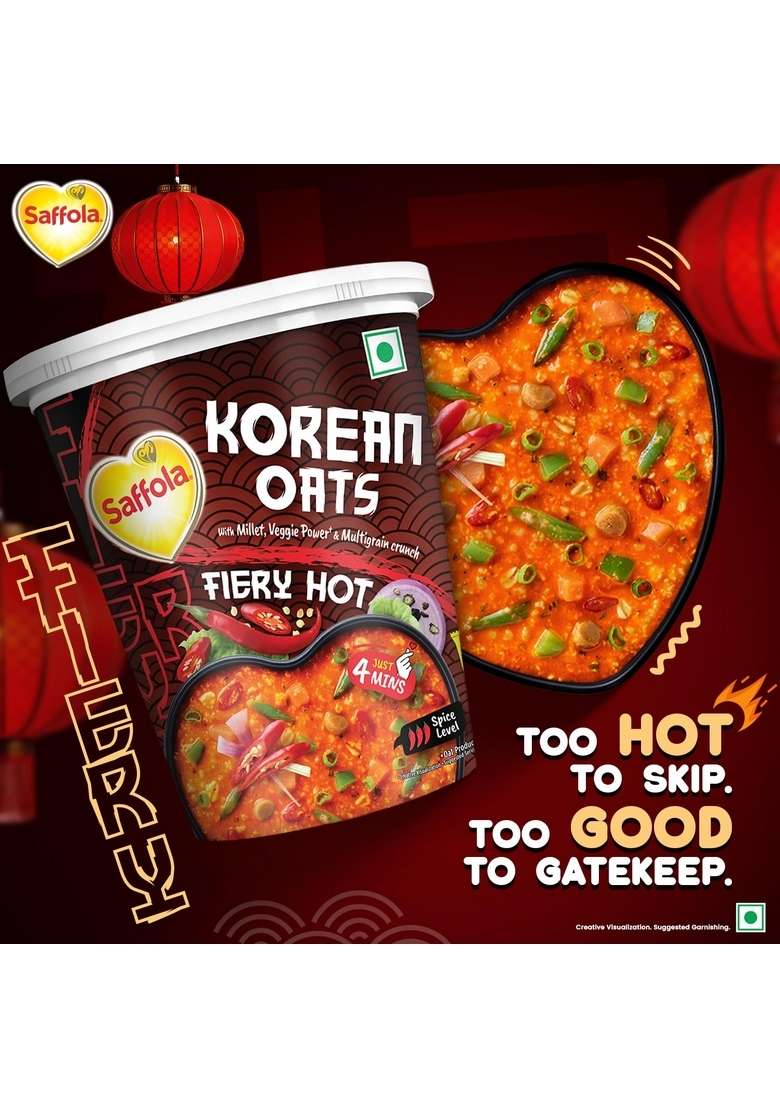 Saffola Korean Cuppa Oats, Fiery Hot, With Chilli Dressing Sachet, No Added Preservatives, Ready In 4 Mins, 56G - Indya