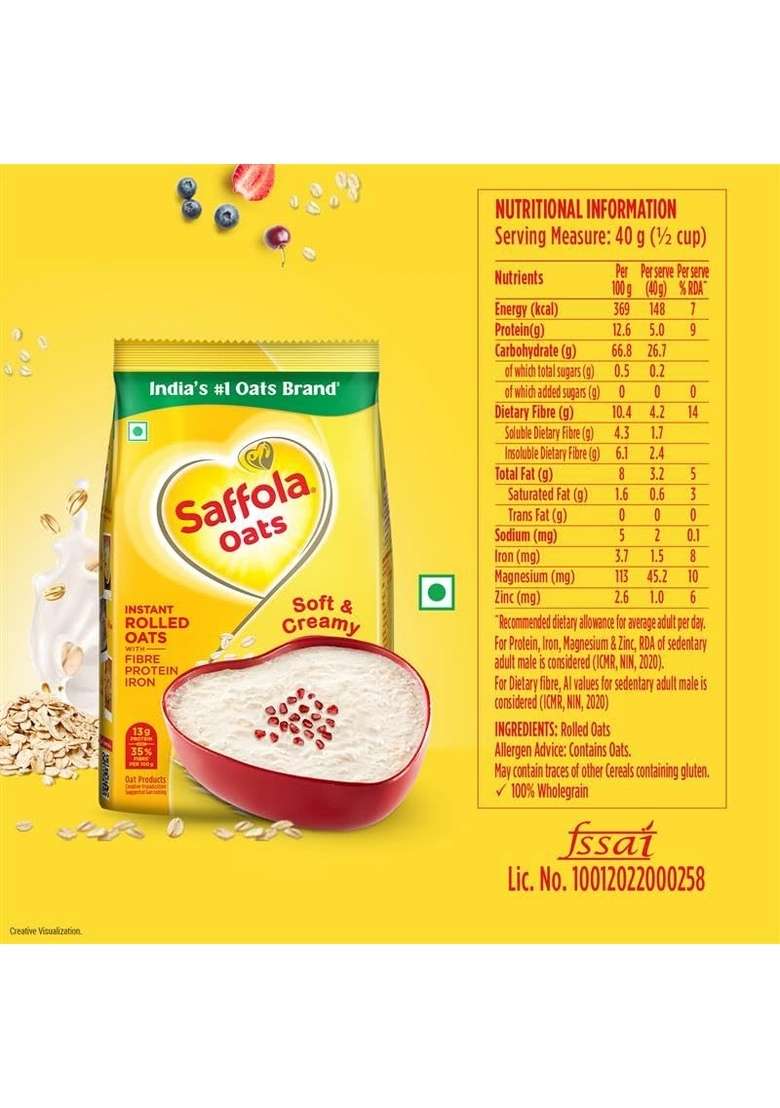 Saffola Oats | 1Kg | Instant Rolled |Soft & Creamy |Power Of Protein, Iron & Fibre | Nutritious Grain - Indya