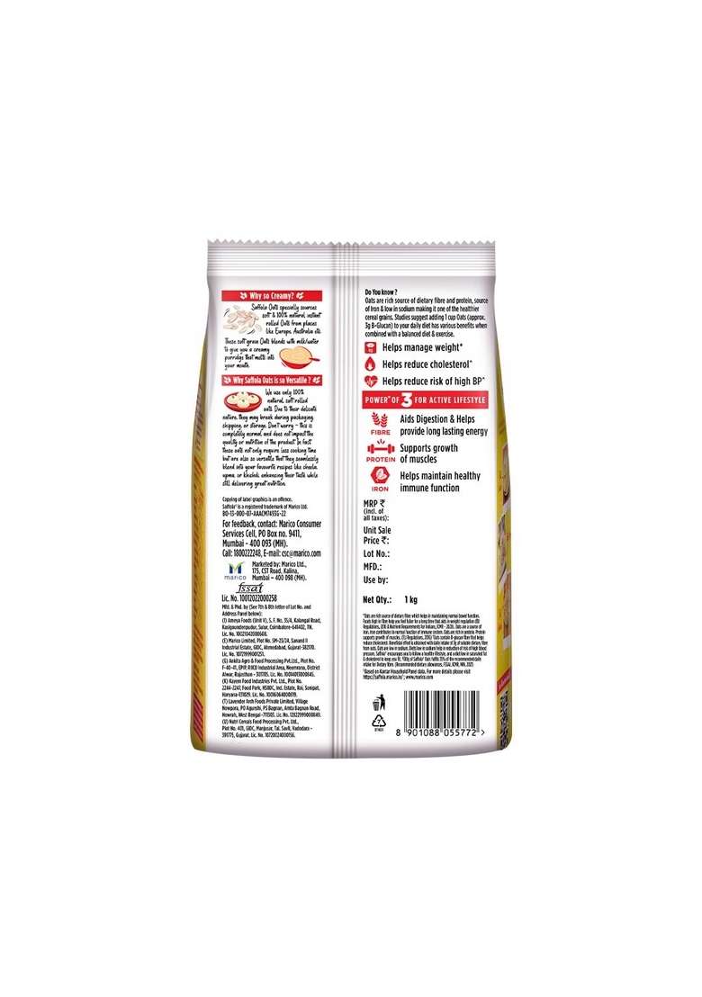 Saffola Oats | 1Kg | Instant Rolled |Soft & Creamy |Power Of Protein, Iron & Fibre | Nutritious Grain - Indya