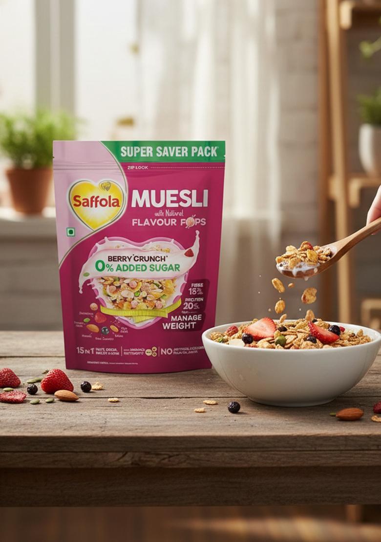 Saffola Muesli 0% Added Sugar Berry Crunch 700 Gm | High Protein & High Fibre To Help Manage Weight | Muesli With Flavour Pops