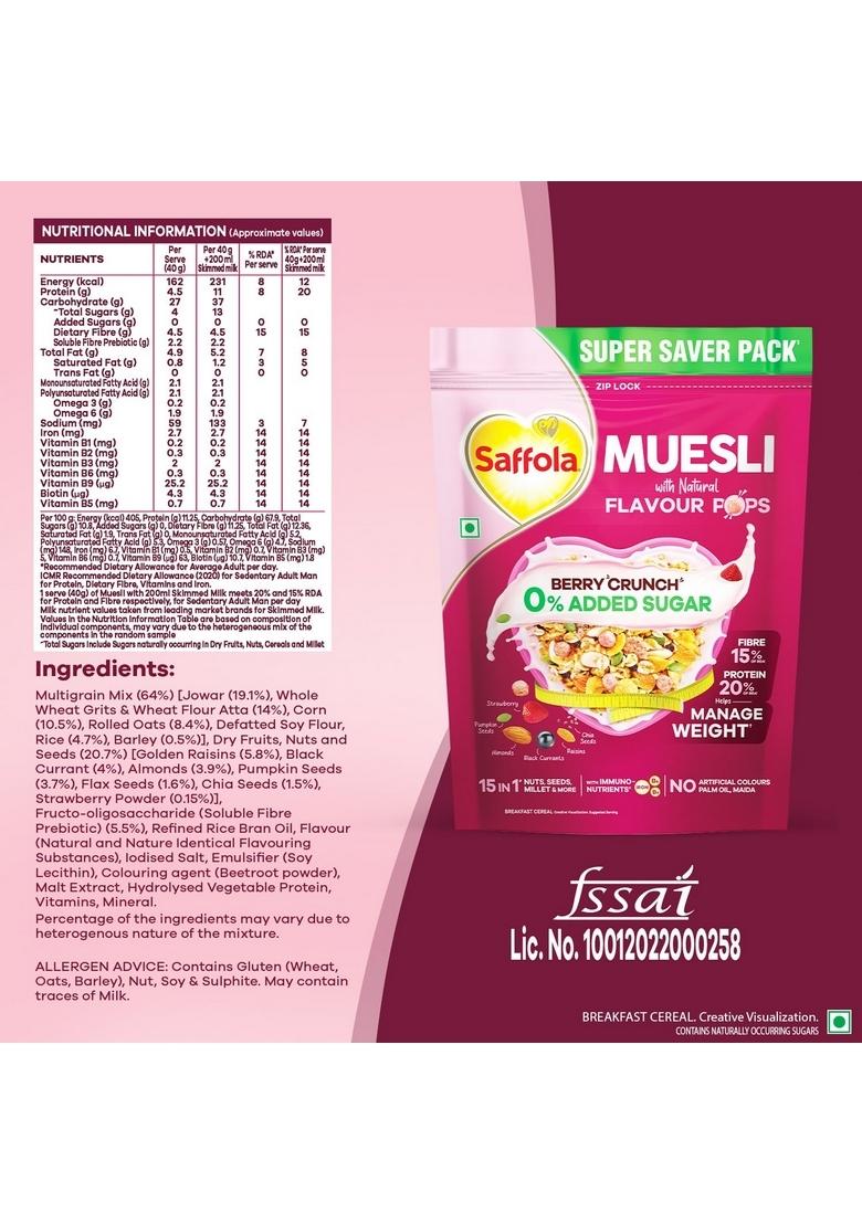 Saffola Muesli 0% Added Sugar Berry Crunch 700 Gm | High Protein & High Fibre To Help Manage Weight | Muesli With Flavour Pops
