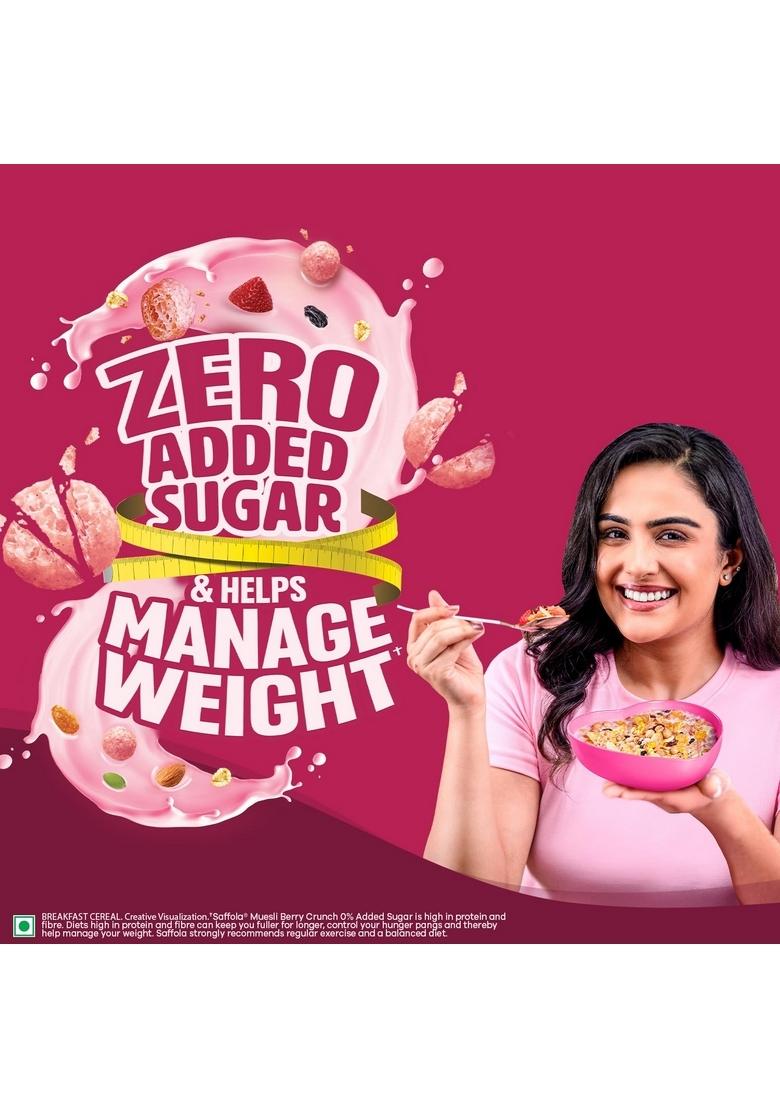 Saffola Muesli 0% Added Sugar Berry Crunch 700 Gm | High Protein & High Fibre To Help Manage Weight | Muesli With Flavour Pops