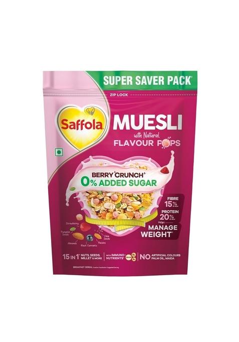 Saffola Muesli 0% Added Sugar Berry Crunch 700 Gm | High Protein & High Fibre To Help Manage Weight | Muesli With Flavour Pops