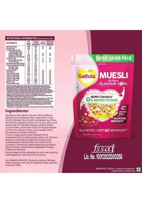 Saffola Muesli 0% Added Sugar Berry Crunch 700 Gm | High Protein & High Fibre To Help Manage Weight | Muesli With Flavour Pops