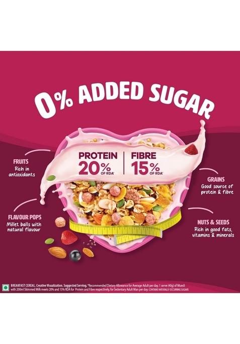 Saffola Muesli 0% Added Sugar Berry Crunch 700 Gm | High Protein & High Fibre To Help Manage Weight | Muesli With Flavour Pops