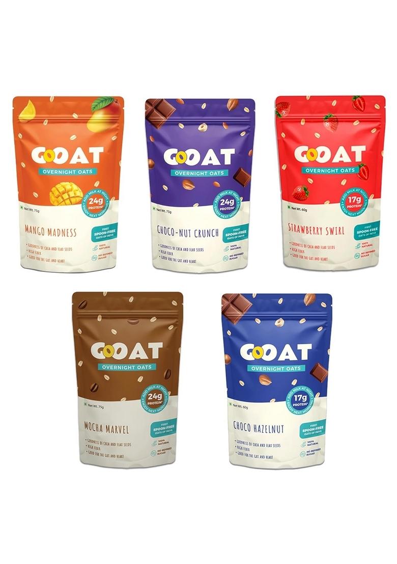 Gooat Overnight Oats 345G (Pack Of 5) | Assorted High Protein (24G & 17G) | Fiber-Rich, Gluten-Free, No Added Sugar | Instant Breakfast | Supports Weight Management & Muscle Recovery | Healthy Meal