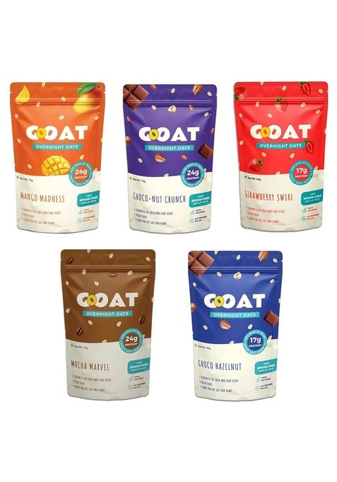 Gooat Overnight Oats 345G (Pack Of 5) | Assorted High Protein (24G & 17G) | Fiber-Rich, Gluten-Free, No Added Sugar | Instant Breakfast | Supports Weight Management & Muscle Recovery | Healthy Meal