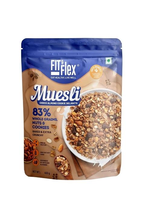 Fit & Flex Baked And Healthy Rich Choco Almond Cookie Delights Muesli, Oat Rich Cereal With High Protein, Ready To Eat Breakfast Cereal - As Seen On Shark Tank India - 450 Gm (Pack Of 1)