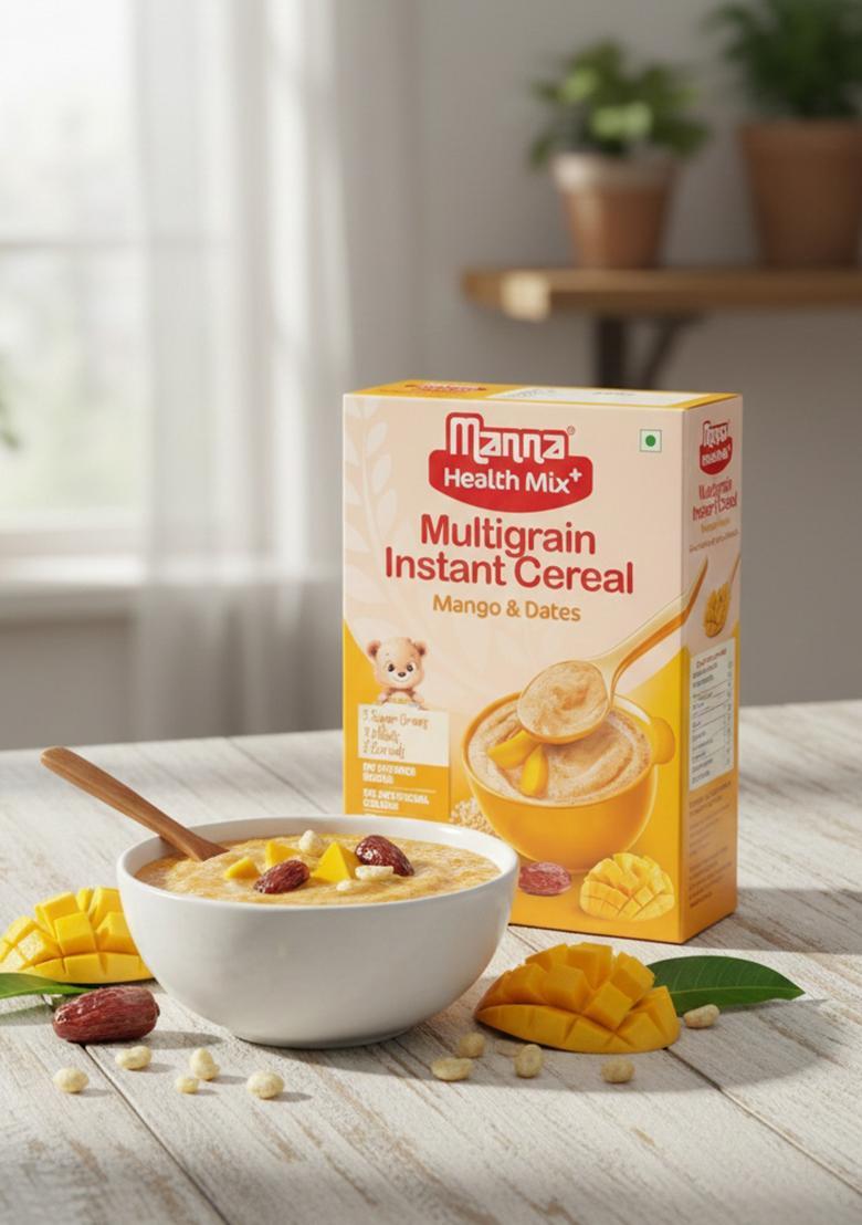 Manna Health Mix Instant Multigrain Cereal, Mango, Banana And Dates With Milk. Made With Real Fruits And 7 Supergrains And Millets. No Added Sugar, No Artificial Colour, Flavours 200G