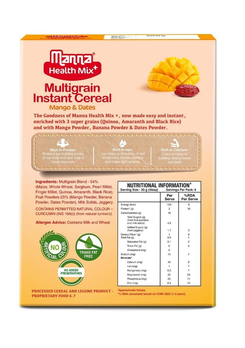 Manna Health Mix Instant Multigrain Cereal, Mango, Banana And Dates With Milk. Made With Real Fruits And 7 Supergrains And Millets. No Added Sugar, No Artificial Colour, Flavours 200G