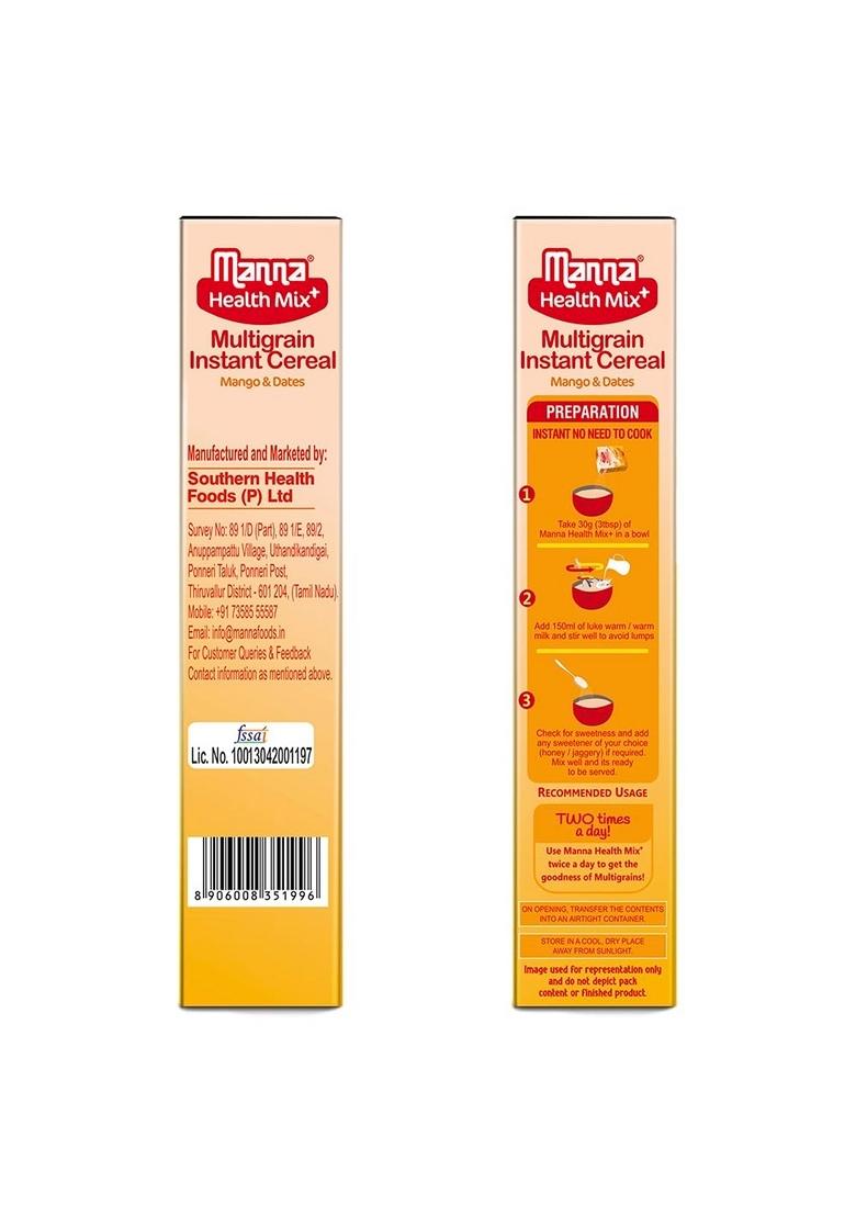 Manna Health Mix Instant Multigrain Cereal, Mango, Banana And Dates With Milk. Made With Real Fruits And 7 Supergrains And Millets. No Added Sugar, No Artificial Colour, Flavours 200G