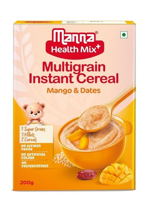 Manna Health Mix Instant Multigrain Cereal, Mango, Banana And Dates With Milk. Made With Real Fruits And 7 Supergrains And Millets. No Added Sugar, No Artificial Colour, Flavours 200G