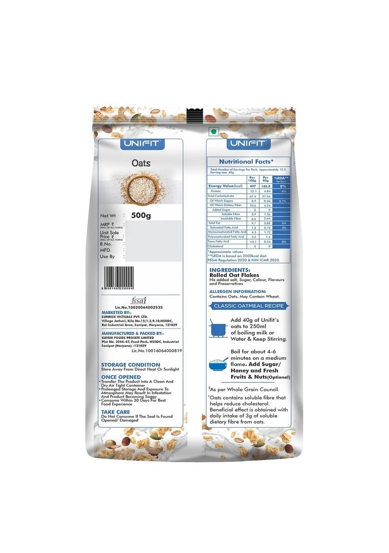 Unifit Oats 100% Natural Wholegrain | High Protein & Fibre | Diet Food | Oats For Weight Management & Reducing Cholesterol Rolled Oats 500G