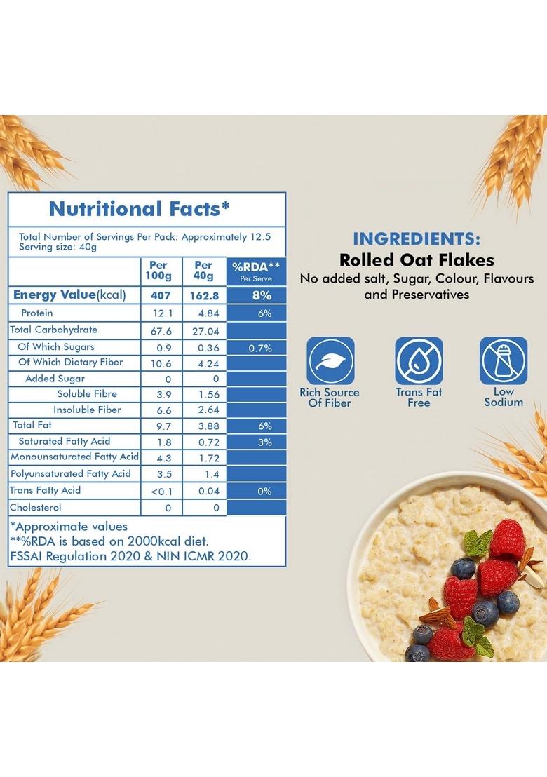 Unifit Oats 100% Natural Wholegrain | High Protein & Fibre | Diet Food | Oats For Weight Management & Reducing Cholesterol Rolled Oats 500G