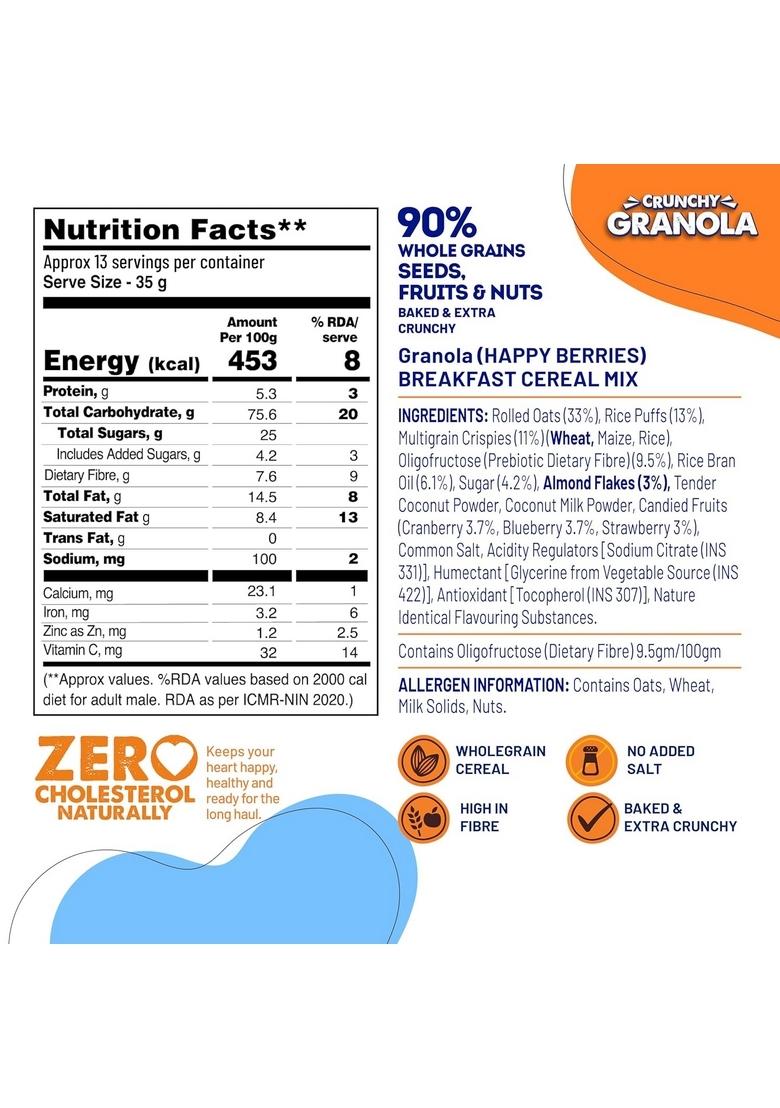 Fit & Flex Baked Crunchy Granola Happy Berries Oat Rich Cereal With High Protein&Fibre Ready To Eat Healthy Granola For Breakfast Real Freeze Dried Fruits Snacks As Seen On Shark Tank India 450 Gm