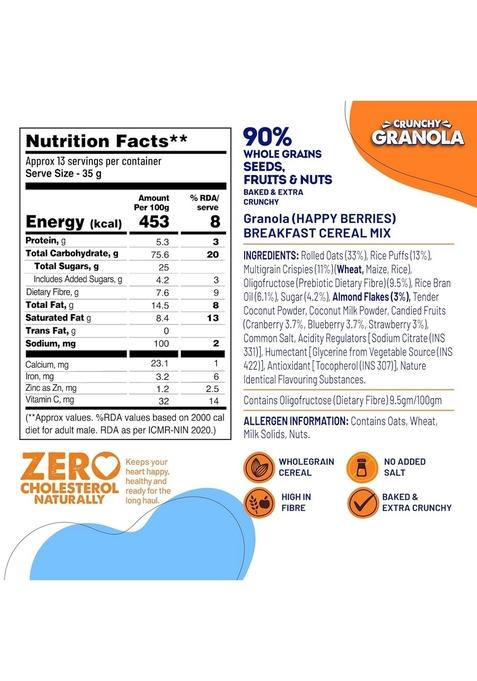 Fit & Flex Baked Crunchy Granola Happy Berries Oat Rich Cereal With High Protein&Fibre Ready To Eat Healthy Granola For Breakfast Real Freeze Dried Fruits Snacks As Seen On Shark Tank India 450 Gm