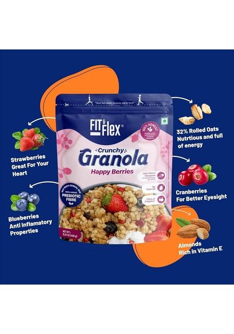 Fit & Flex Baked Crunchy Granola Happy Berries Oat Rich Cereal With High Protein&Fibre Ready To Eat Healthy Granola For Breakfast Real Freeze Dried Fruits Snacks As Seen On Shark Tank India 450 Gm