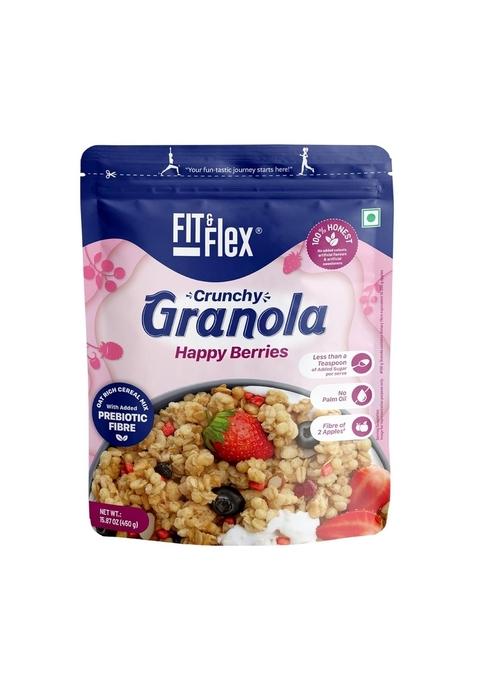 Fit & Flex Baked Crunchy Granola Happy Berries Oat Rich Cereal With High Protein&Fibre Ready To Eat Healthy Granola For Breakfast Real Freeze Dried Fruits Snacks As Seen On Shark Tank India 450 Gm