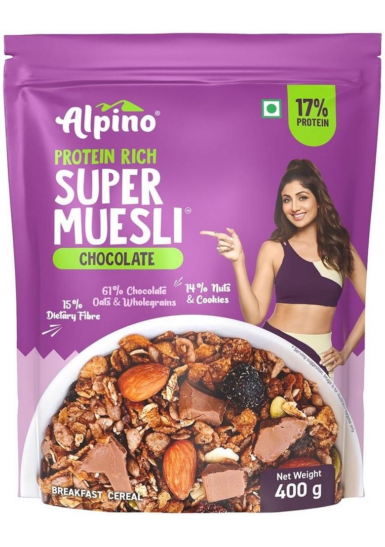 Alpino Protein-Rich Super Muesli Chocolate 400G – 61% Whole Grains, 14% Nuts & Cookies