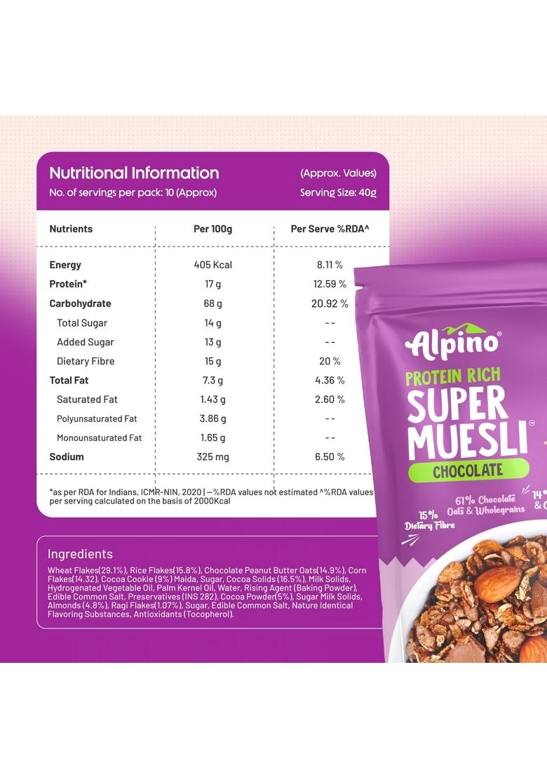 Alpino Protein-Rich Super Muesli Chocolate 400G – 61% Whole Grains, 14% Nuts & Cookies