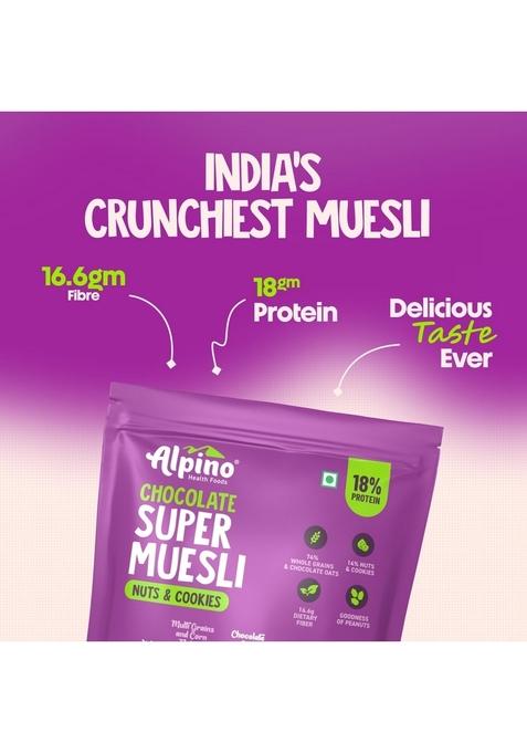 Alpino Protein-Rich Super Muesli Chocolate 400G – 61% Whole Grains, 14% Nuts & Cookies