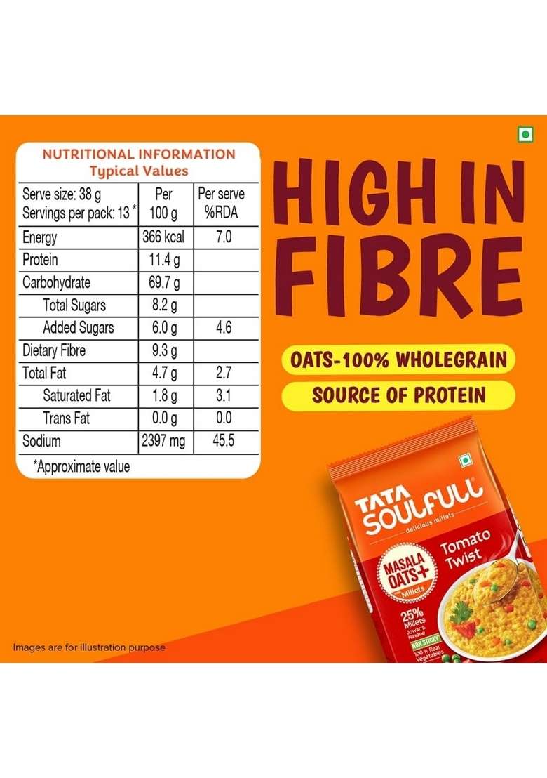 Tata Soulfull Masala Oats+, Tomato Twist, 500G, 25% Millets, Real Veggies, Healthy Evening Snack, Non Sticky - Indya