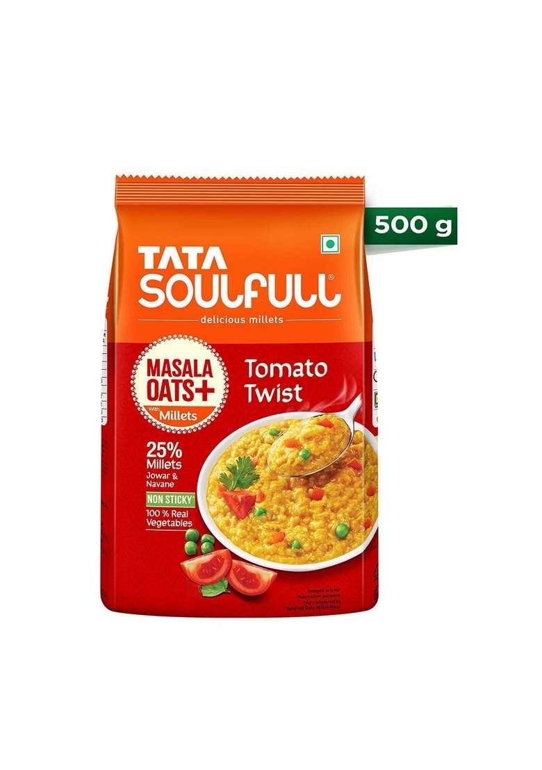 Tata Soulfull Masala Oats+, Tomato Twist, 500G, 25% Millets, Real Veggies, Healthy Evening Snack, Non Sticky - Indya