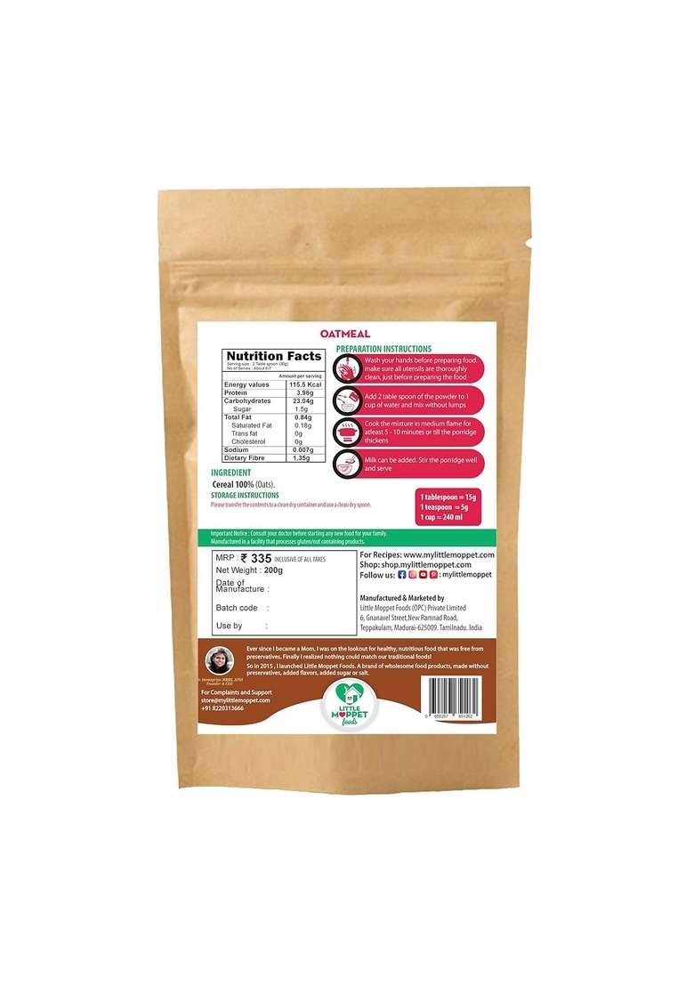 Little Moppet Foods Oatmeal 200G | Oats Porridge Mix No Sugar Salt Milk Chemicals Preservatives Breakfast Cereal Rich In Protein |Easily Digestible For Ones Made By A Doctor Mom - Indya