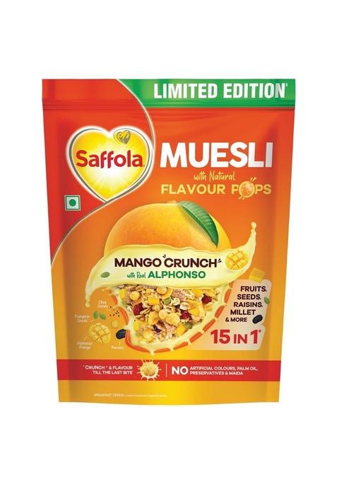 Saffola Muesli Mango Crunch, With Real Alphonso Mango 400G | Limited Edition, With Crunchy Flavour Pops | Breakfast Cereal
