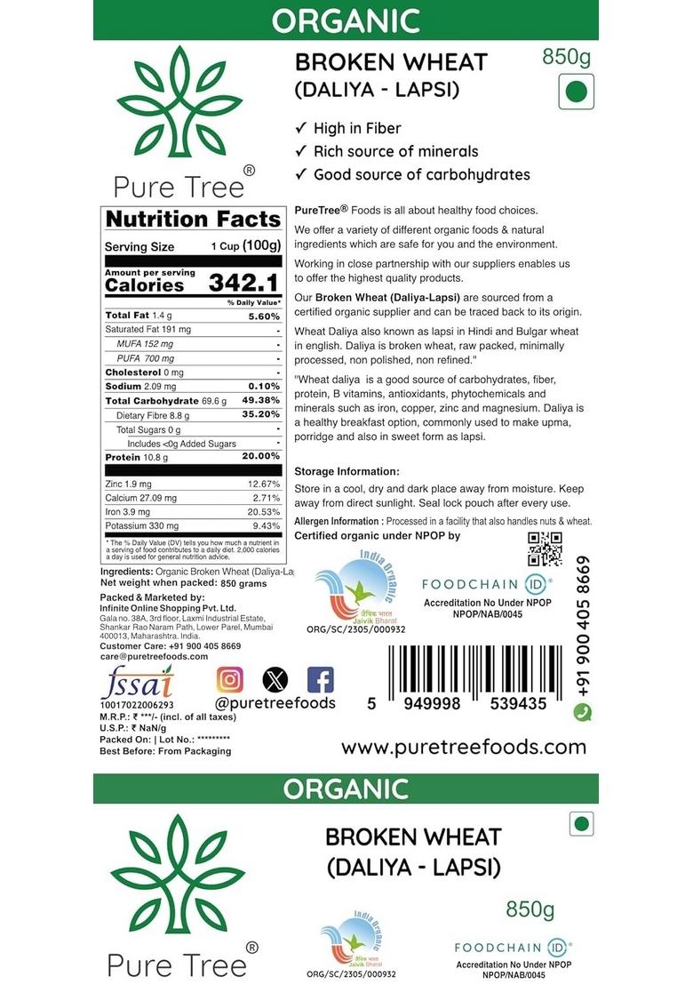 Pure Tree Certified Organic Wheat Daliya Lapsi | 850 G | Broken Bulgur Wheat | Godhuma Daliya | Gehoon | For Upma, Porridge, Khichdi