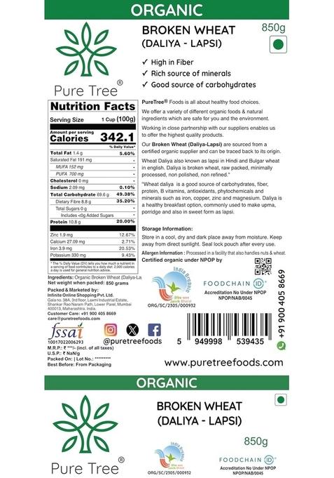Pure Tree Certified Organic Wheat Daliya Lapsi | 850 G | Broken Bulgur Wheat | Godhuma Daliya | Gehoon | For Upma, Porridge, Khichdi