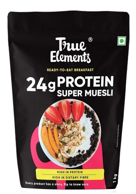 True Elements Protein Muesli 1Kg - 24G Clean Protein | With 15% Millets, Almonds, Seeds & Black Currant | High Protein Breakfast Cereal | 100% Wholegrain Muesli