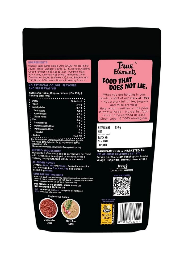 True Elements Dark Chocolate Muesli, Ready-To-Eat Breakfast Cereal, High In Fiber, With Nuts, Seeds, Berries & Wholegrain, 950G
