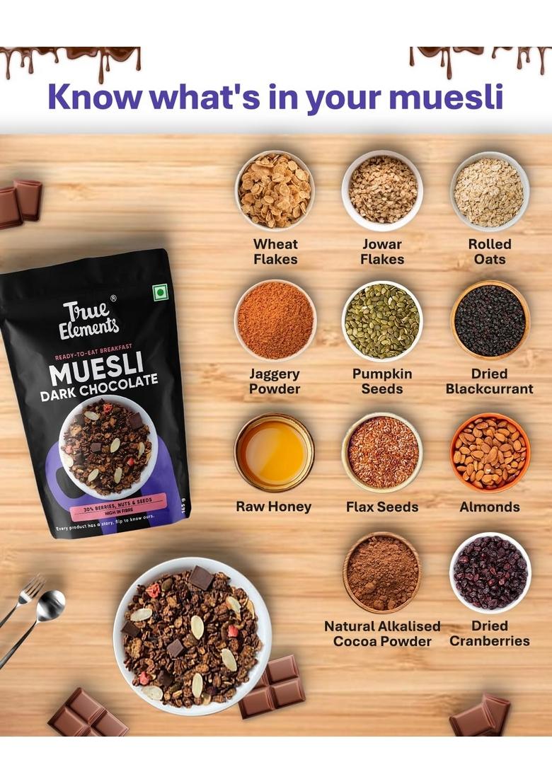 True Elements Dark Chocolate Muesli, Ready-To-Eat Breakfast Cereal, High In Fiber, With Nuts, Seeds, Berries & Wholegrain, 950G