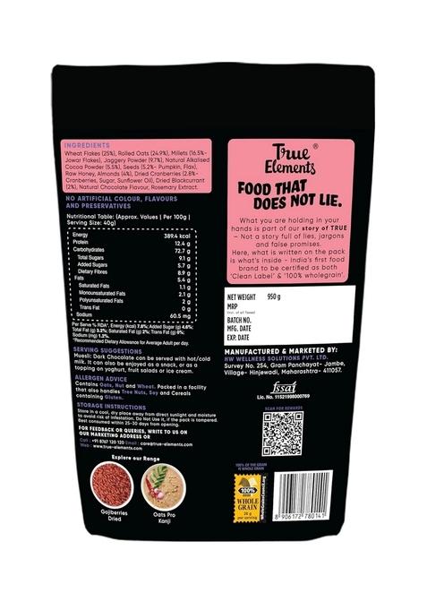 True Elements Dark Chocolate Muesli, Ready-To-Eat Breakfast Cereal, High In Fiber, With Nuts, Seeds, Berries & Wholegrain, 950G