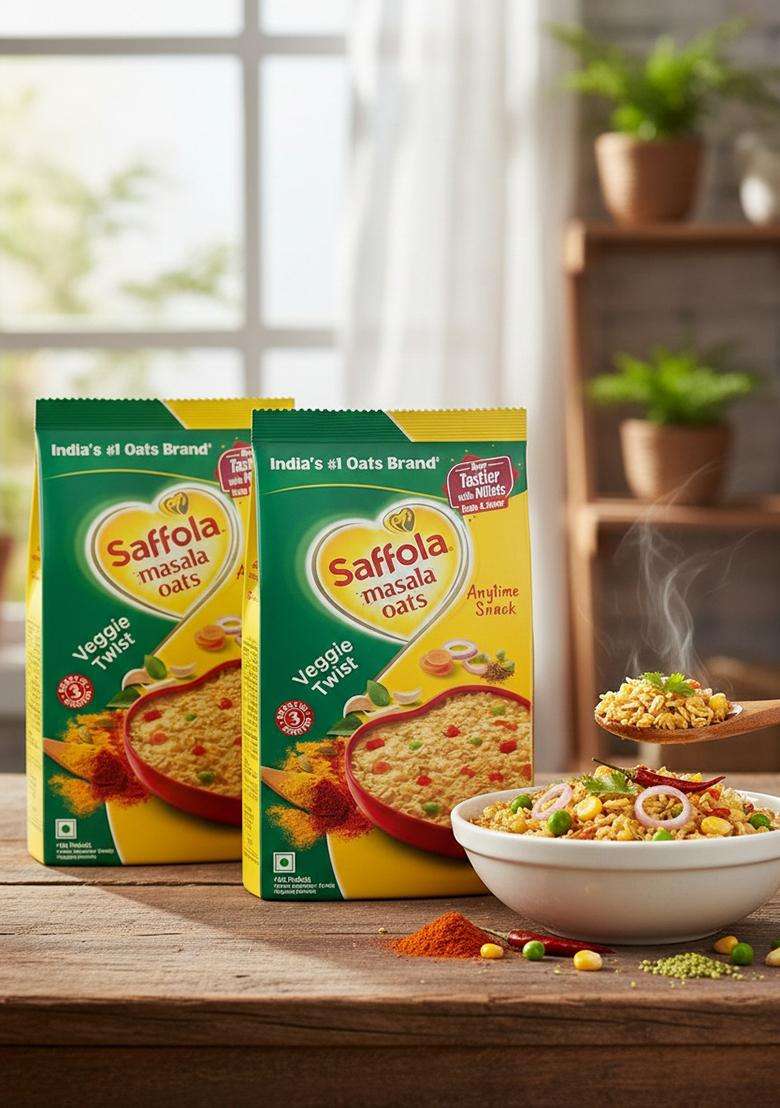 Saffola Masala Oats |Veggie Twist | Tasty, Anytime Snack | Ready In 3 Mins | Millets Goodness- With Bajra & Jowar | No Maida, No Added Preservatives | Oats Helps Manage Weight |500G (Pack Of 2) - Indya
