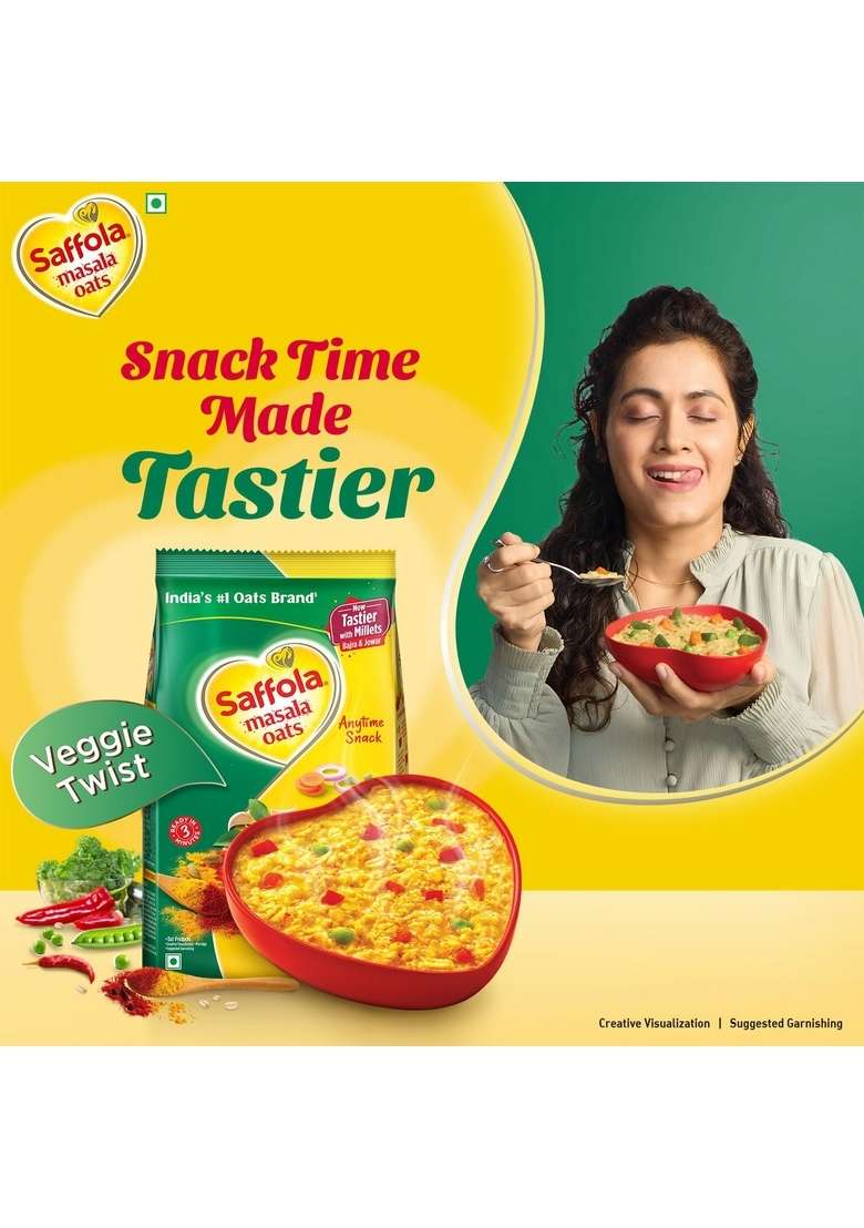 Saffola Masala Oats |Veggie Twist | Tasty, Anytime Snack | Ready In 3 Mins | Millets Goodness- With Bajra & Jowar | No Maida, No Added Preservatives | Oats Helps Manage Weight |500G (Pack Of 2) - Indya