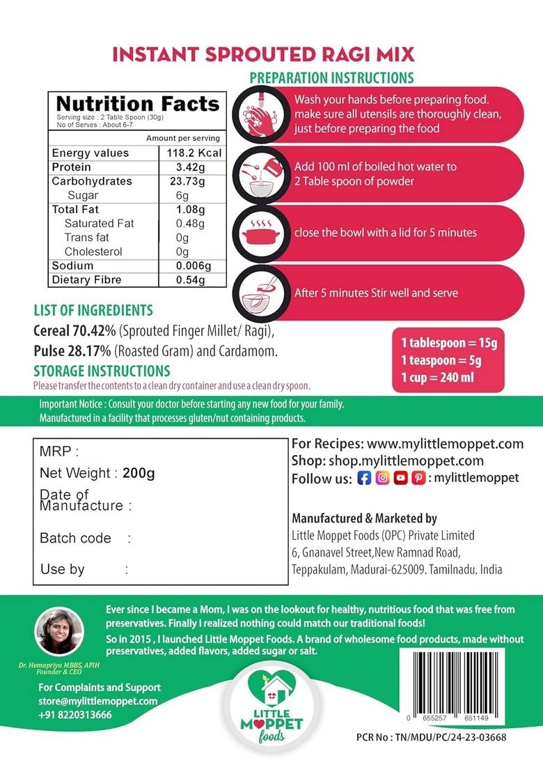 Little Moppet Foods – Instant Sprouted Ragi Mix 200G | No Additives And Preservatives | Free From Added Salt And Sugar | Mixture Of Sprouted Ragi And Roasted Gram