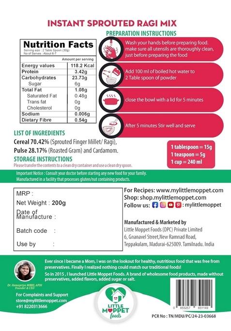 Little Moppet Foods – Instant Sprouted Ragi Mix 200G | No Additives And Preservatives | Free From Added Salt And Sugar | Mixture Of Sprouted Ragi And Roasted Gram