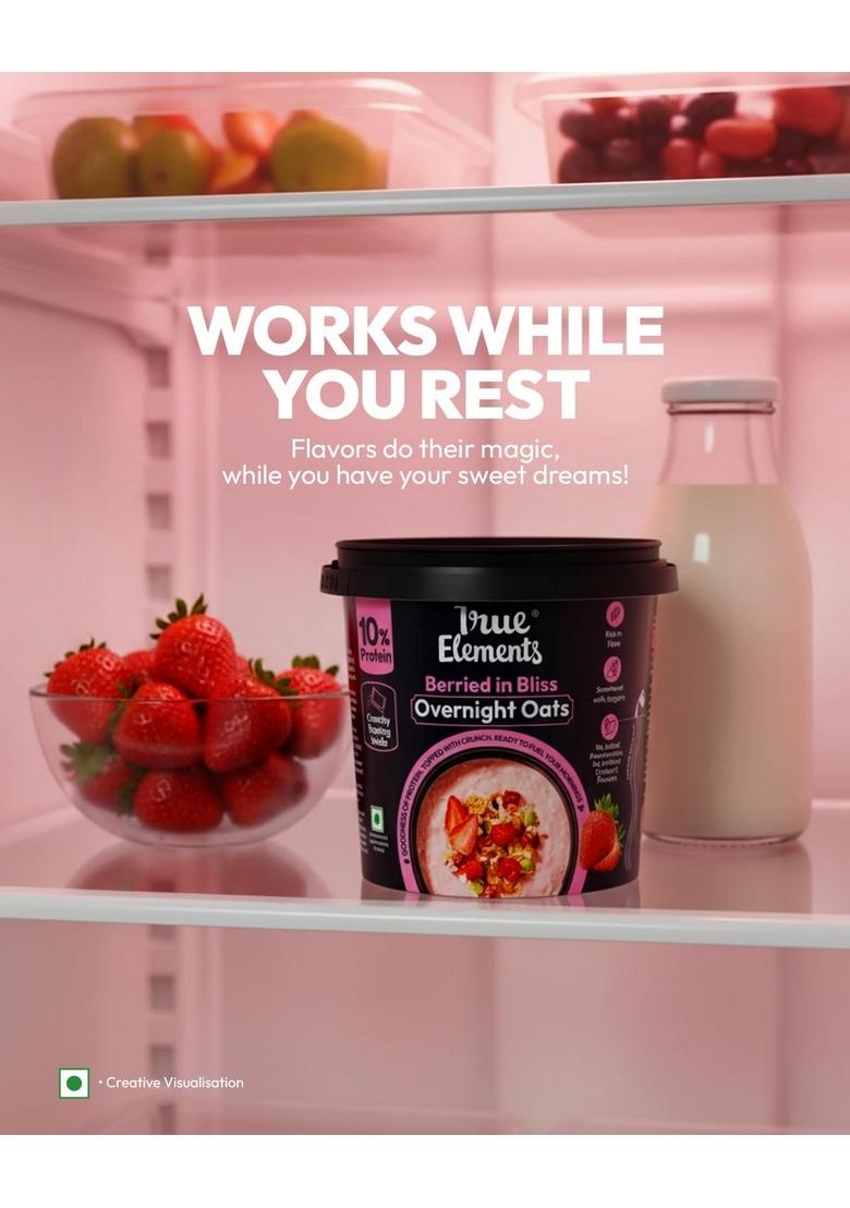 True Elements Overnight Oats Berried In Bliss 62G – Ready-To-Eat Breakfast | High Protein, Fibre & Berry Flavour | Healthy Instant Oats Snack