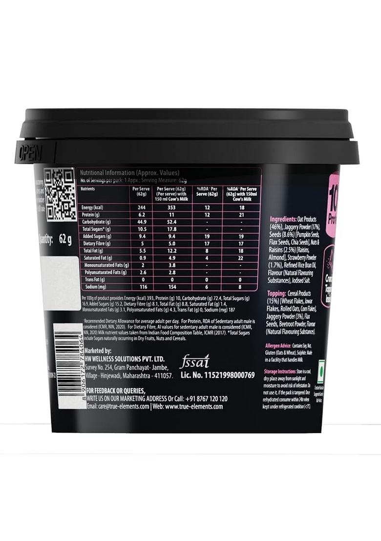 True Elements Overnight Oats Berried In Bliss 62G – Ready-To-Eat Breakfast | High Protein, Fibre & Berry Flavour | Healthy Instant Oats Snack