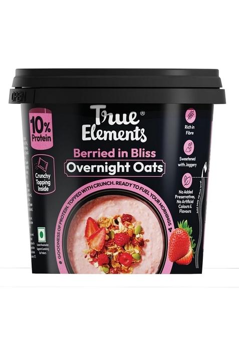 True Elements Overnight Oats Berried In Bliss 62G – Ready-To-Eat Breakfast | High Protein, Fibre & Berry Flavour | Healthy Instant Oats Snack