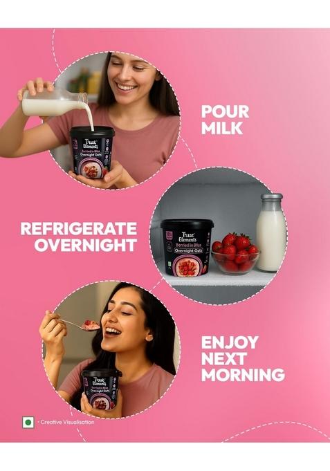 True Elements Overnight Oats Berried In Bliss 62G – Ready-To-Eat Breakfast | High Protein, Fibre & Berry Flavour | Healthy Instant Oats Snack