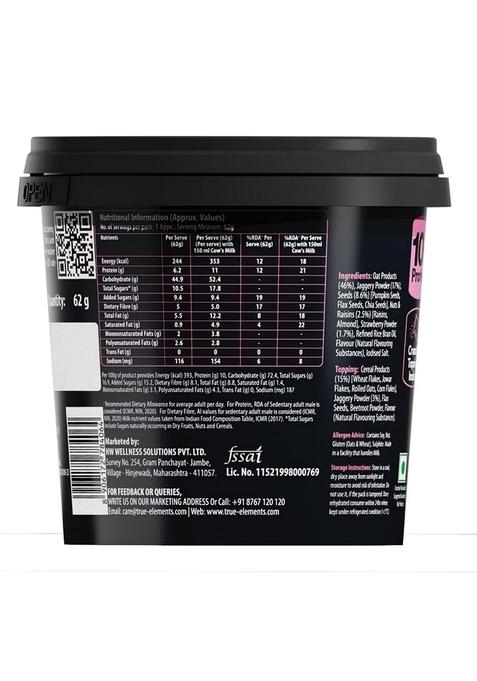 True Elements Overnight Oats Berried In Bliss 62G – Ready-To-Eat Breakfast | High Protein, Fibre & Berry Flavour | Healthy Instant Oats Snack