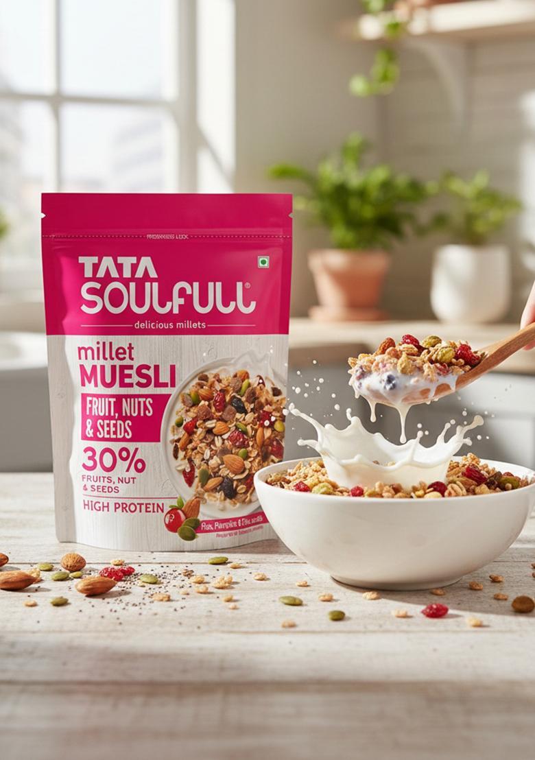 Tata Soulfull Fruit Nuts & Seeds Millet Muesli, 500G, Source Of Protein, Rich In Fibre, 30% Fruit, Nut & Seeds, Contains Ragi & Jowar, Contains Almonds, Flax Seeds, Chia Seeds, Pumpkin Seeds