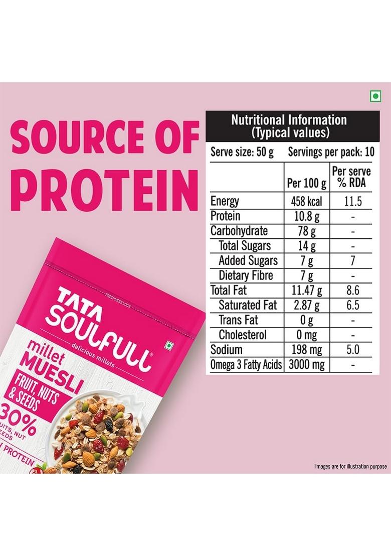 Tata Soulfull Fruit Nuts & Seeds Millet Muesli, 500G, Source Of Protein, Rich In Fibre, 30% Fruit, Nut & Seeds, Contains Ragi & Jowar, Contains Almonds, Flax Seeds, Chia Seeds, Pumpkin Seeds