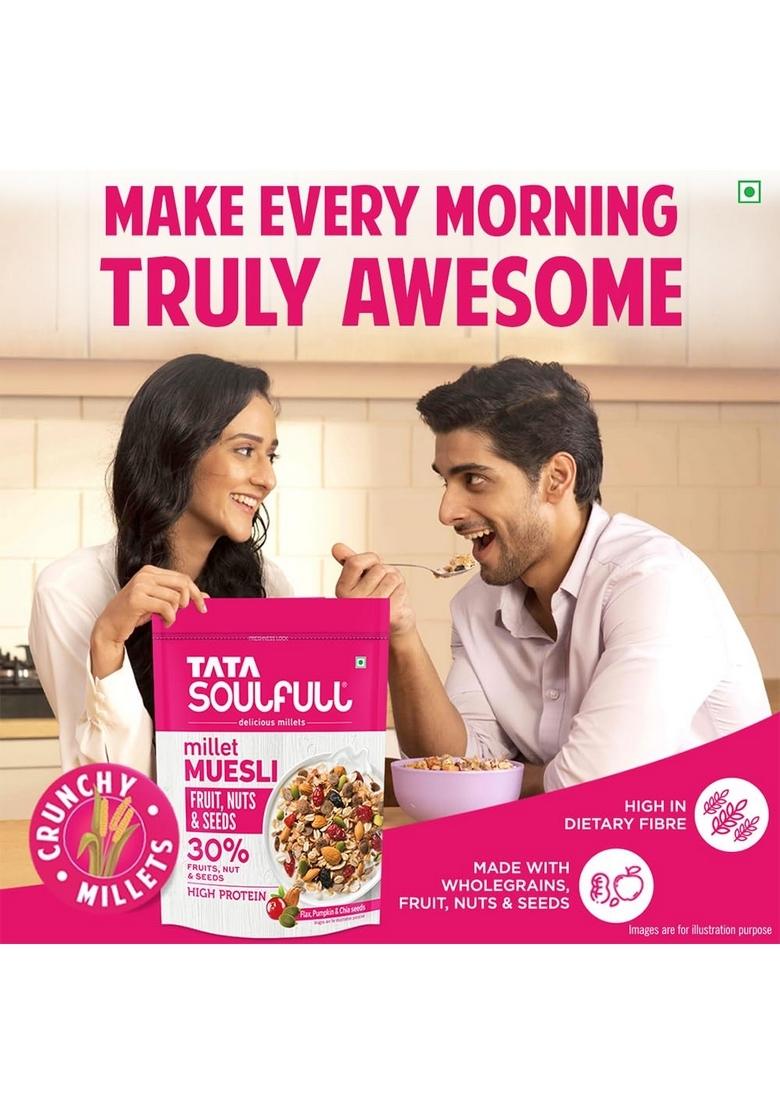 Tata Soulfull Fruit Nuts & Seeds Millet Muesli, 500G, Source Of Protein, Rich In Fibre, 30% Fruit, Nut & Seeds, Contains Ragi & Jowar, Contains Almonds, Flax Seeds, Chia Seeds, Pumpkin Seeds