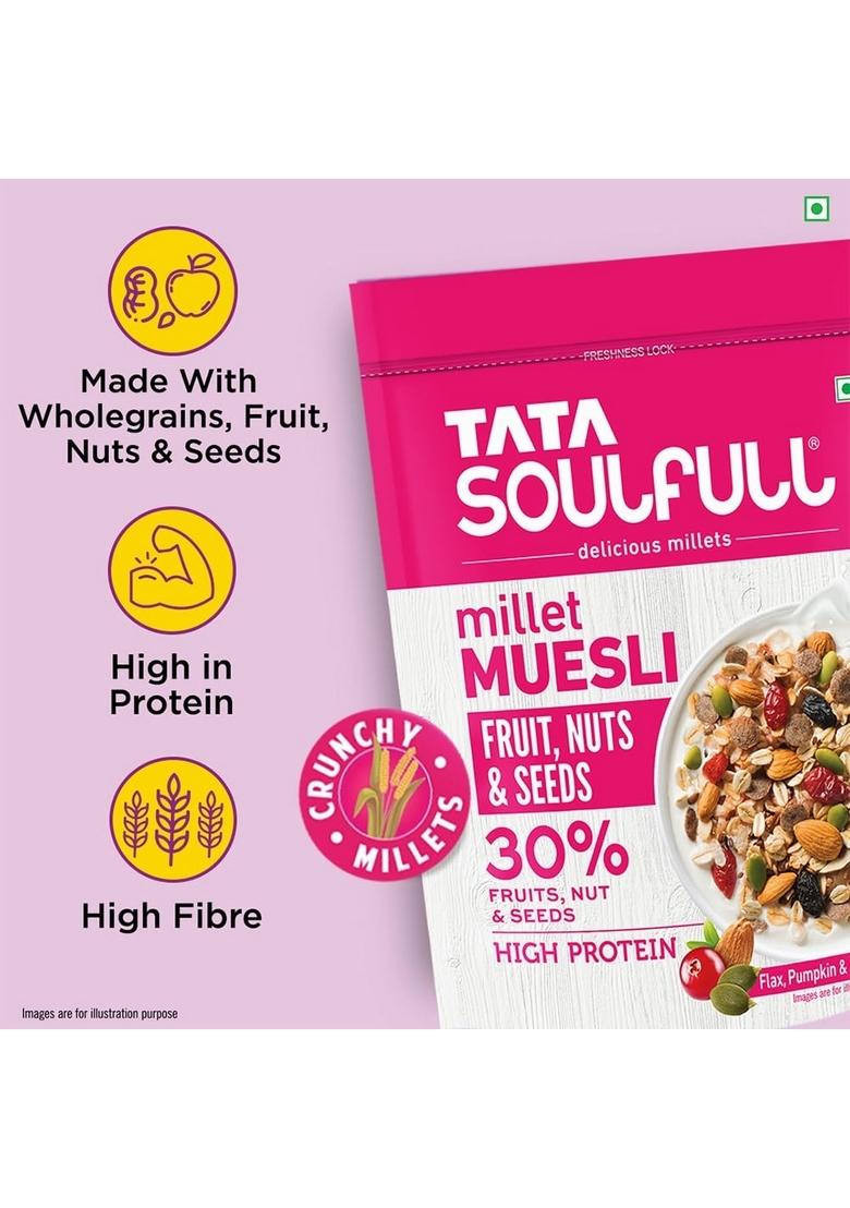 Tata Soulfull Fruit Nuts & Seeds Millet Muesli, 500G, Source Of Protein, Rich In Fibre, 30% Fruit, Nut & Seeds, Contains Ragi & Jowar, Contains Almonds, Flax Seeds, Chia Seeds, Pumpkin Seeds