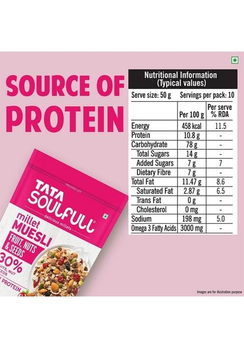 Tata Soulfull Fruit Nuts & Seeds Millet Muesli, 500G, Source Of Protein, Rich In Fibre, 30% Fruit, Nut & Seeds, Contains Ragi & Jowar, Contains Almonds, Flax Seeds, Chia Seeds, Pumpkin Seeds