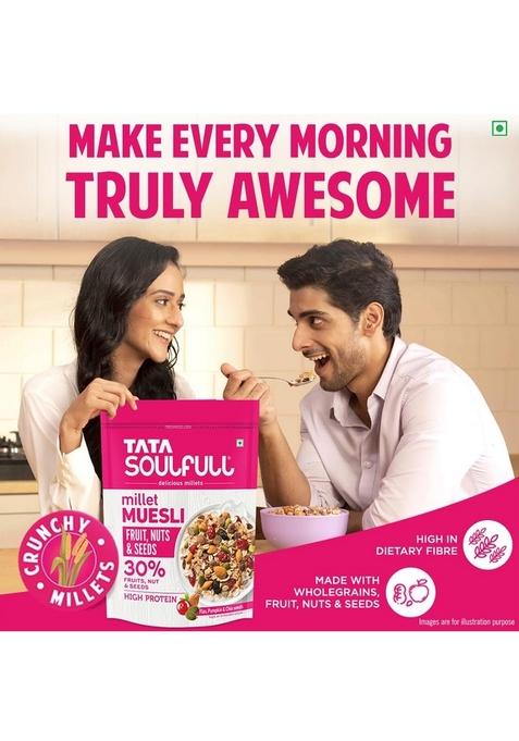 Tata Soulfull Fruit Nuts & Seeds Millet Muesli, 500G, Source Of Protein, Rich In Fibre, 30% Fruit, Nut & Seeds, Contains Ragi & Jowar, Contains Almonds, Flax Seeds, Chia Seeds, Pumpkin Seeds